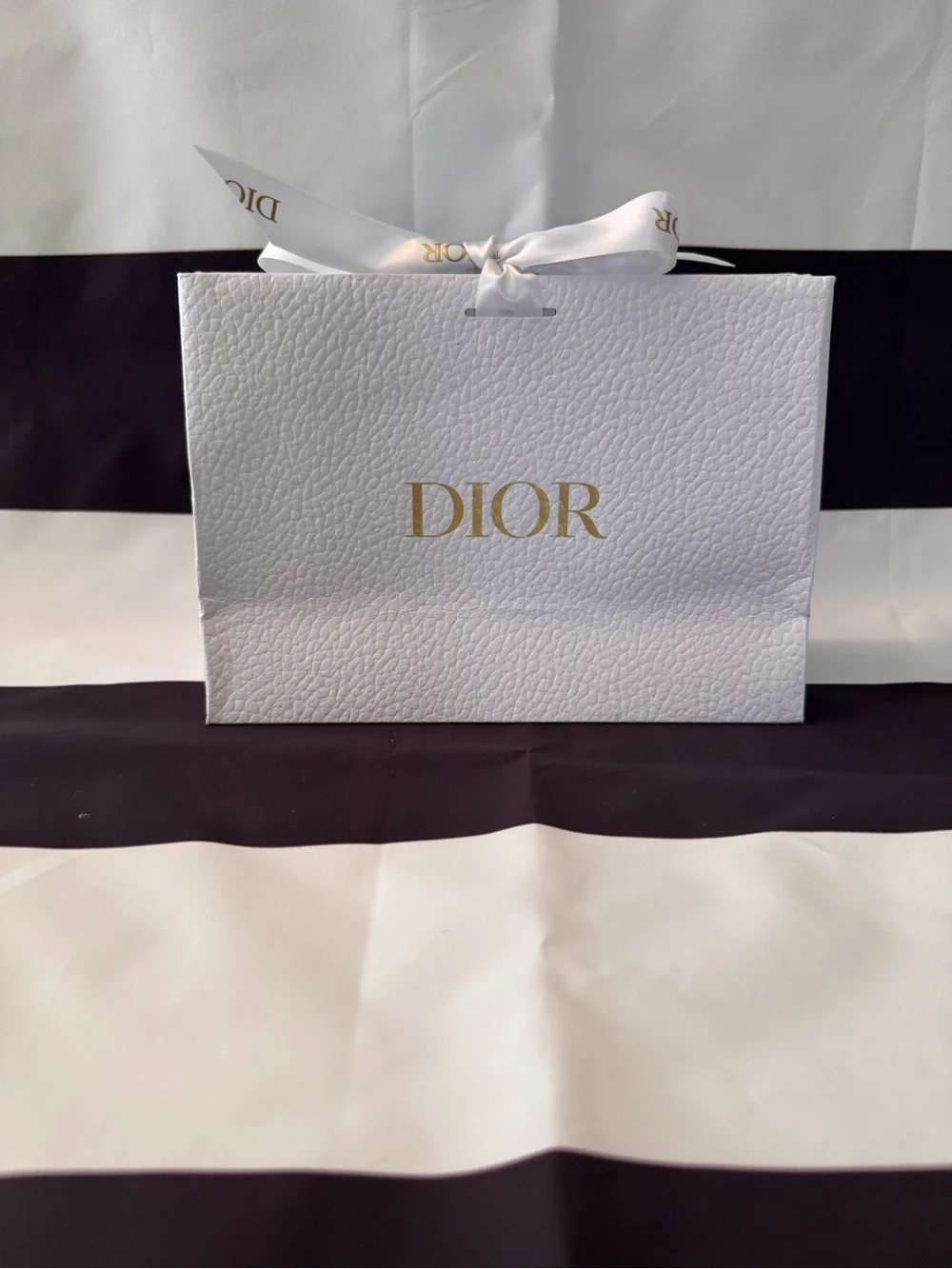 Dior White Textured Gift Bag with Gold Logo and Ribbon